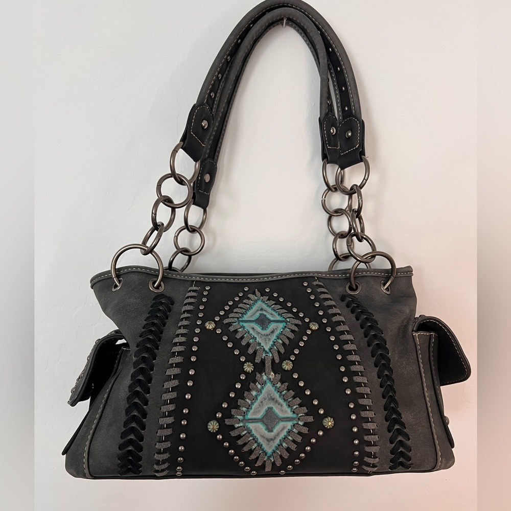 Montana West Concealed Carry Shoulder Bag Western Aztec Studded Black Gray Purse